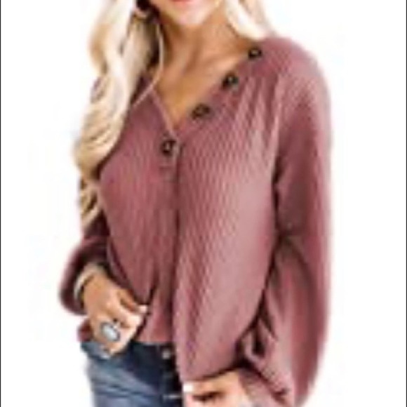 Dusty Rose Pink Waffle Knit Long Sleeve V-neck Top Pullover Popover - Picture 1 of 9